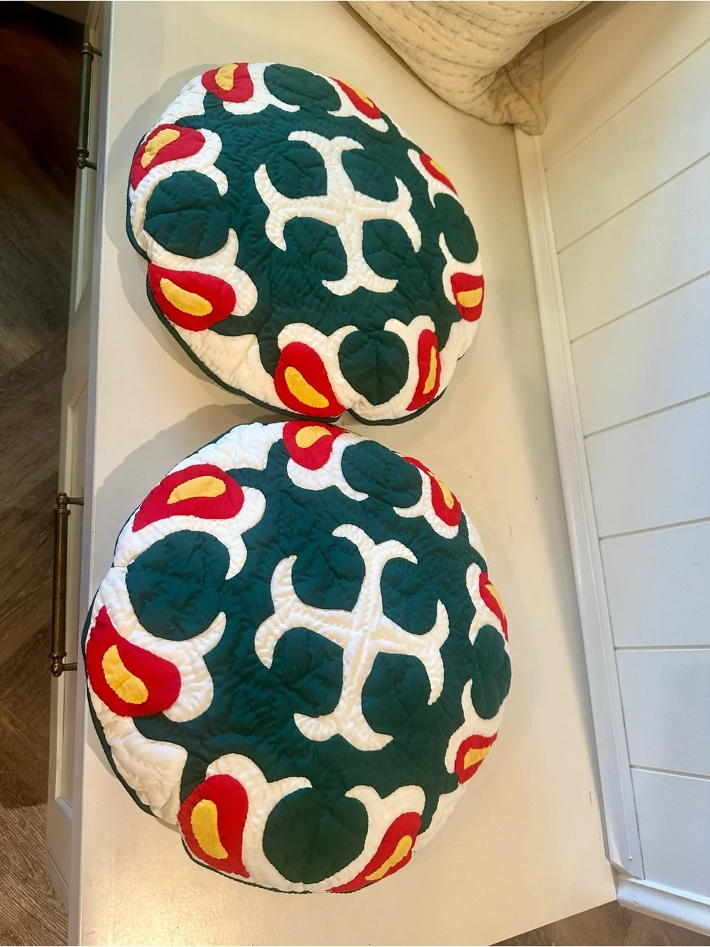 Handmade Quilted Round Quilted Throw Pillow Pair in Dark Green, White & Red